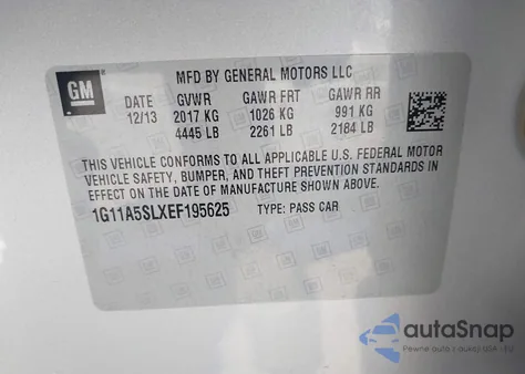 2014 Chevrolet Malibu 1Fl из США, поврежденный, VIN 1G11A5SLXEF195625